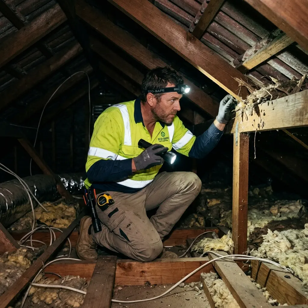 Technician inspecting a roof cavity for a dead animal in Sandhurst